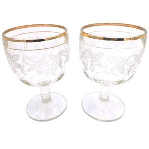 Vintage Indiana Goblets  Glasses Bartlett and Collins Gold Trim Etched (2)